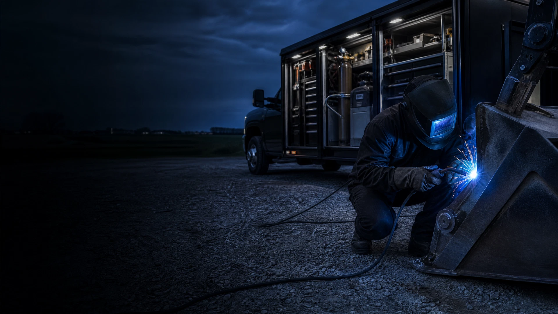 Mobile welder repairing heavy equipment at a rural worksite